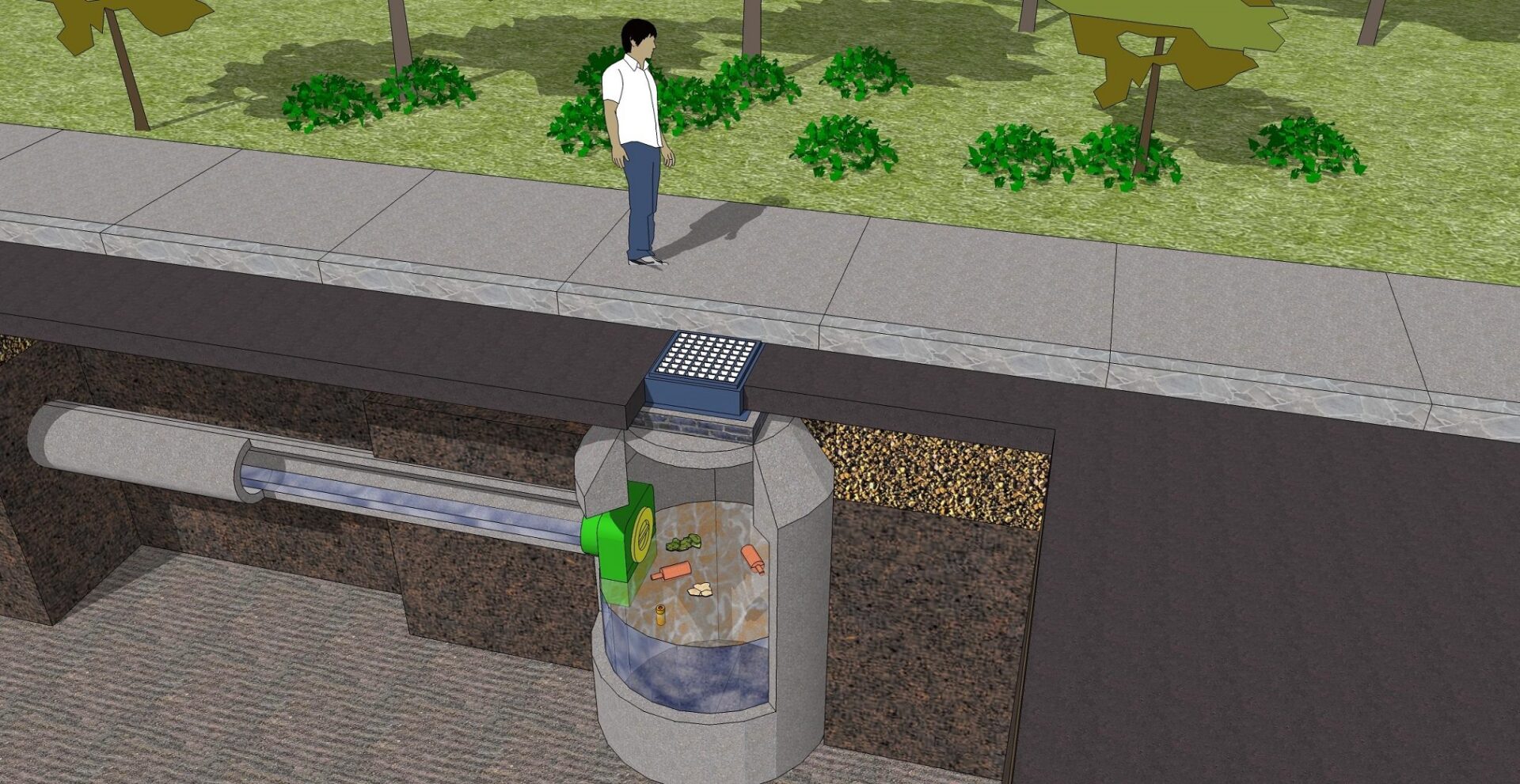 A graphic of a person walking on the street and an eliminator below the ground